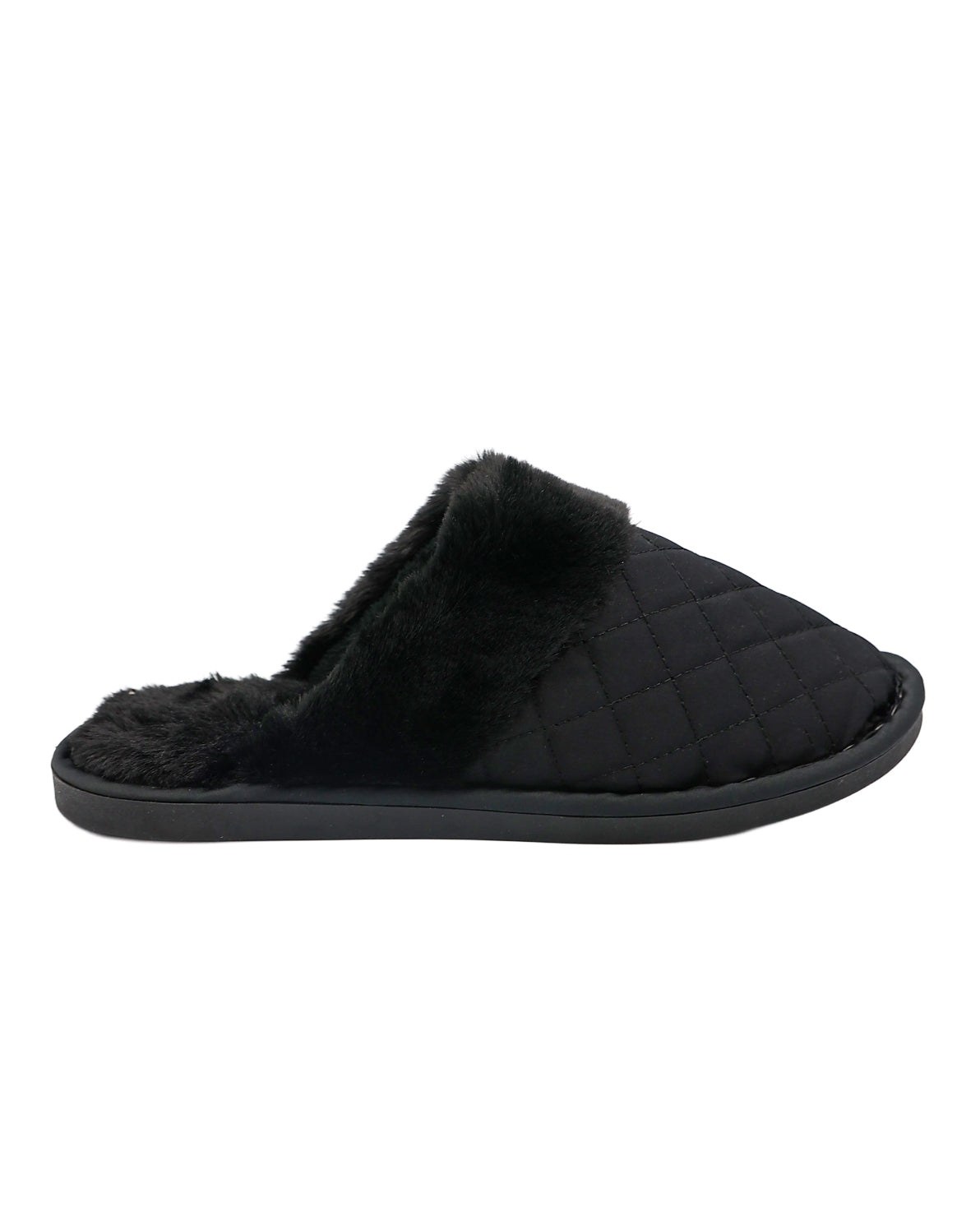 Black Satin Quilted Fur Collar Slippers