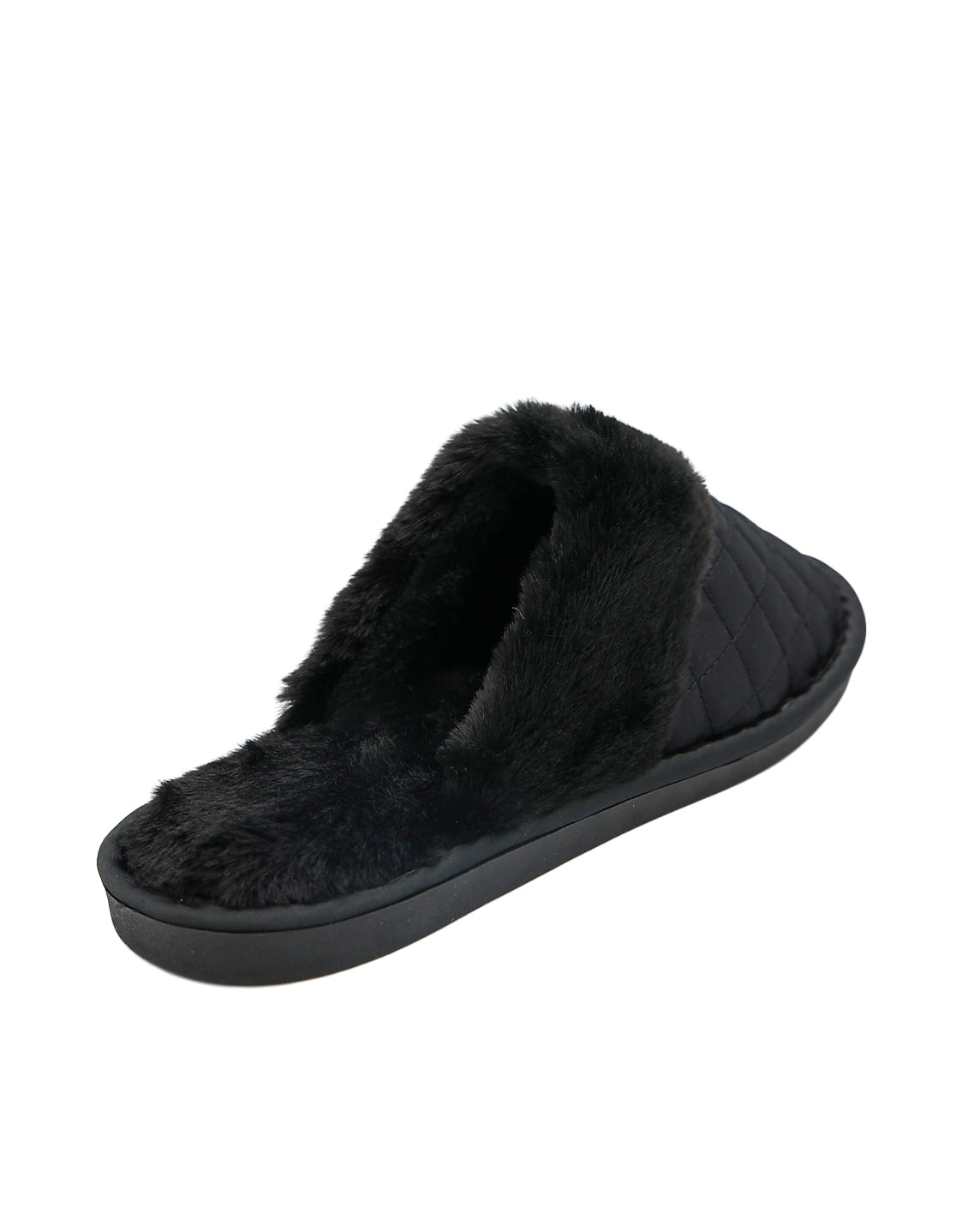 Black Satin Quilted Fur Collar Slippers