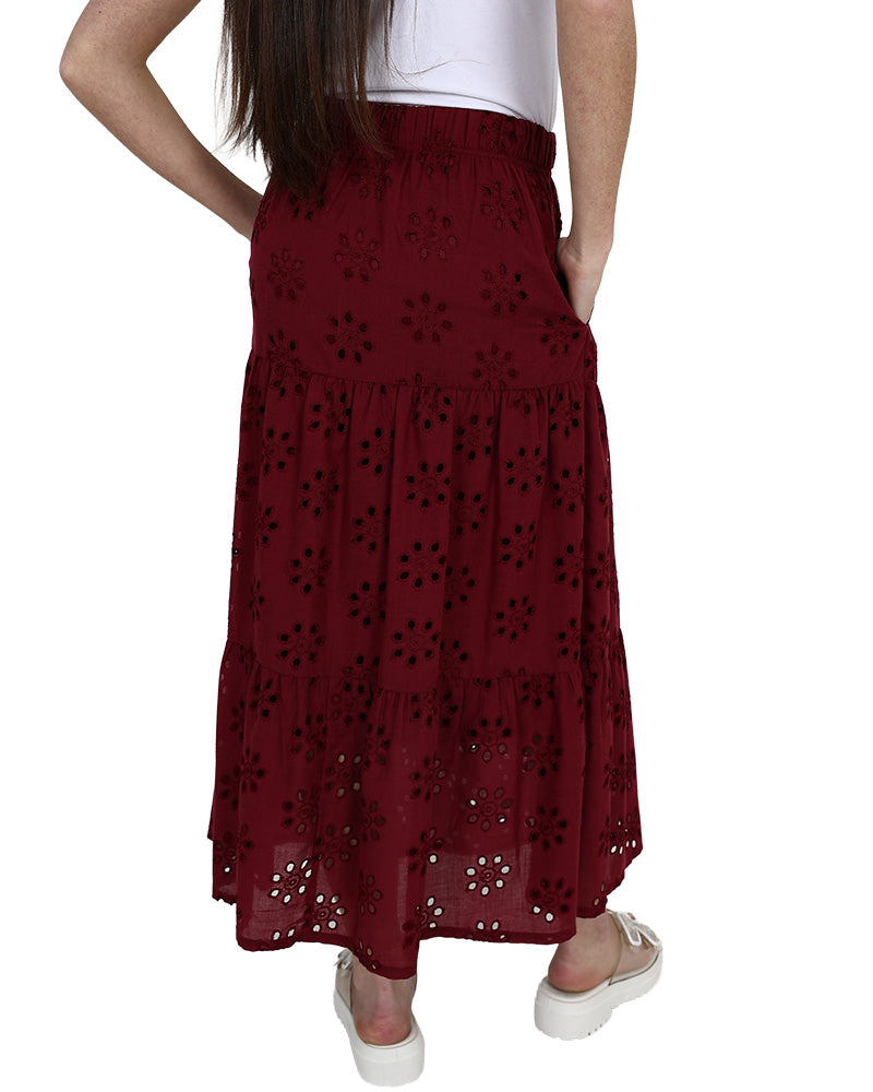 Burgundy Tiered Angaise Maxi Skirt