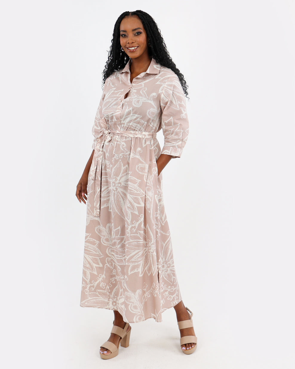 Stone Floral Print Cotton Midi Dress
