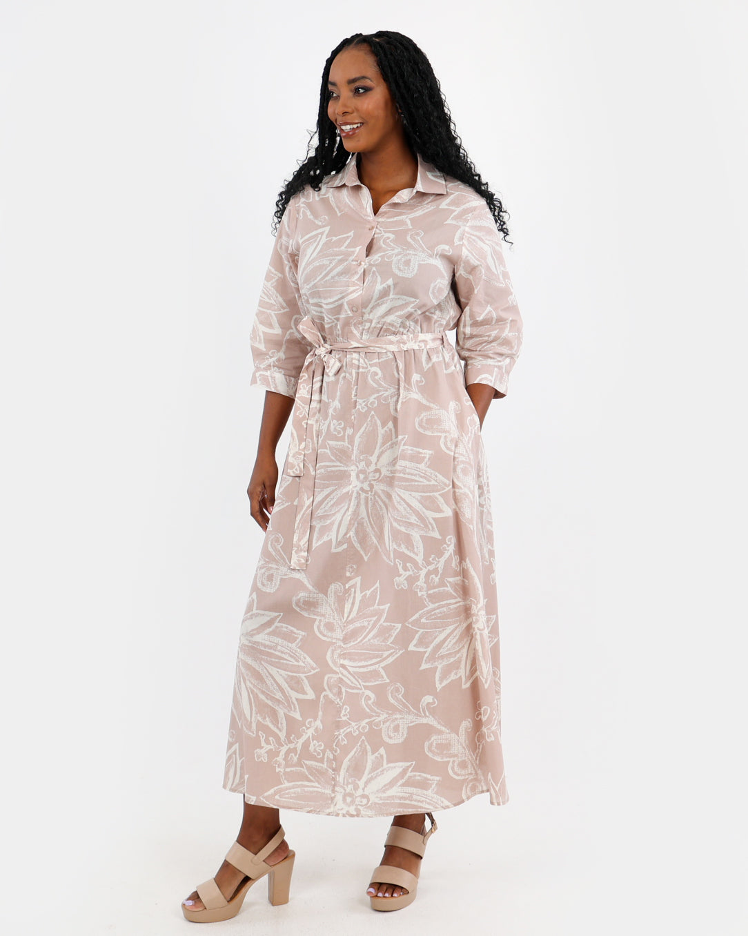 Stone Floral Print Cotton Midi Dress