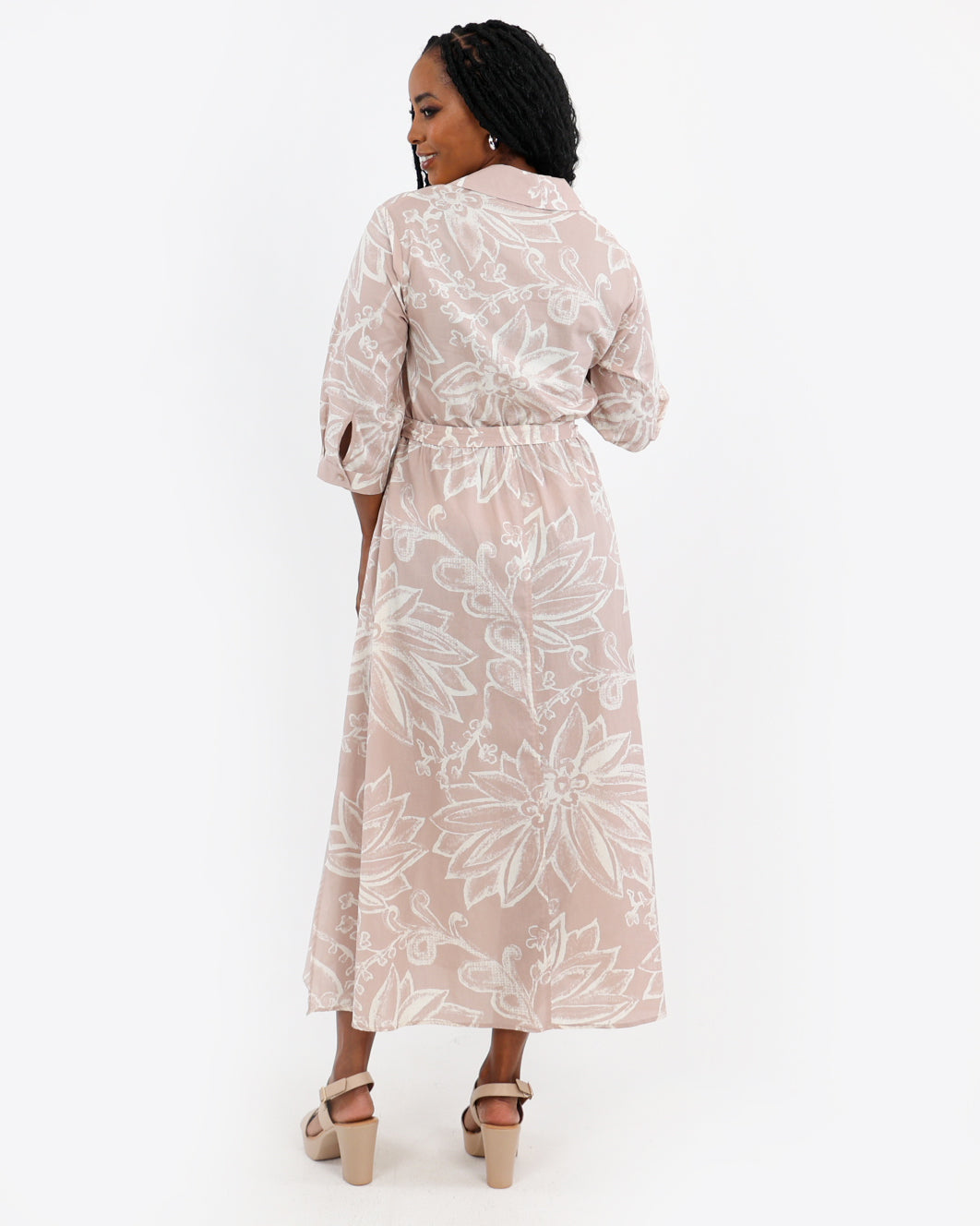 Stone Floral Print Cotton Midi Dress