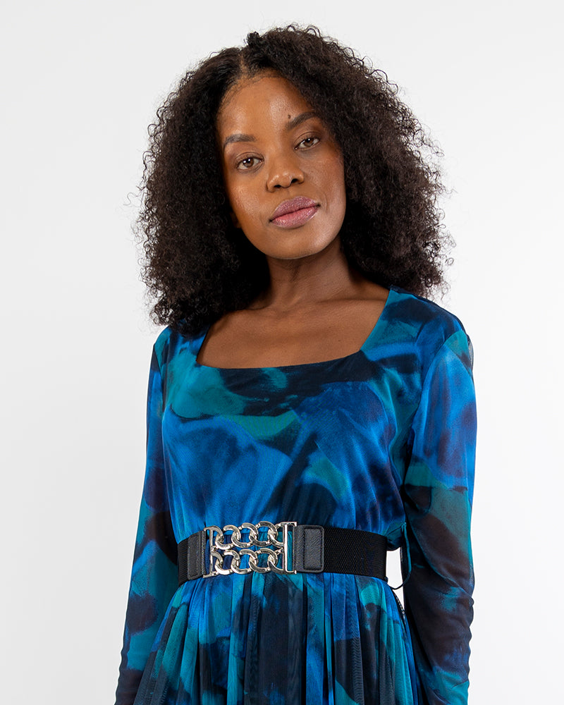 Long Sleeve Printed Mesh Midi Dress