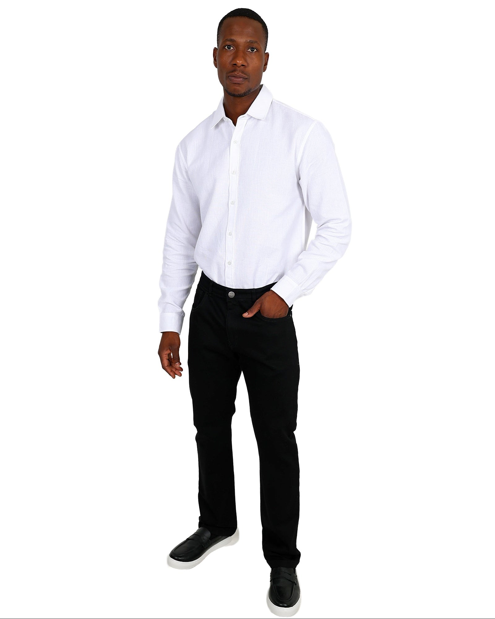 Long Sleeve White Waffle Textured Shirt