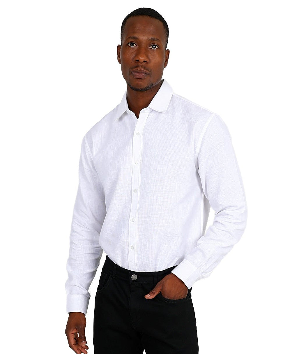 Long Sleeve White Waffle Textured Shirt