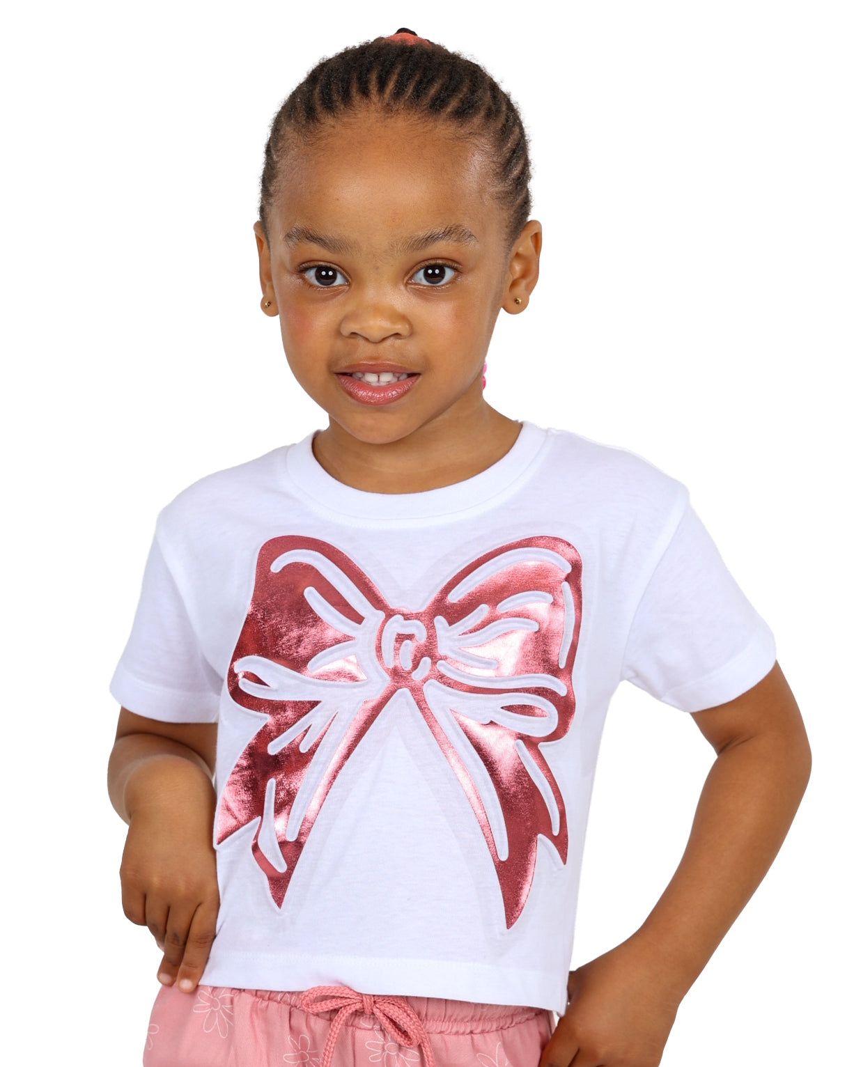 Short Sleeve Metallic Pink Bow Graphic T-Shirt