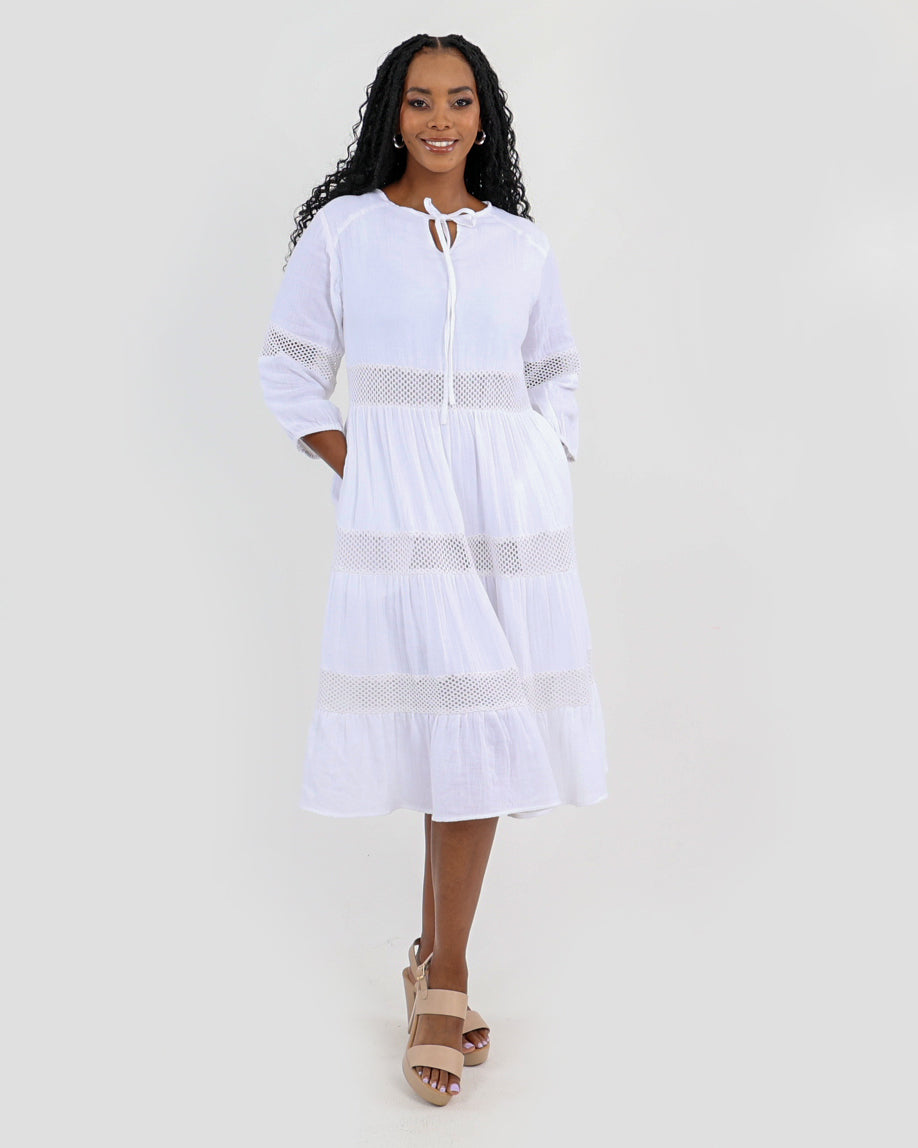 3/4 Sleeve Tiered Lace Trim Cotton Dress