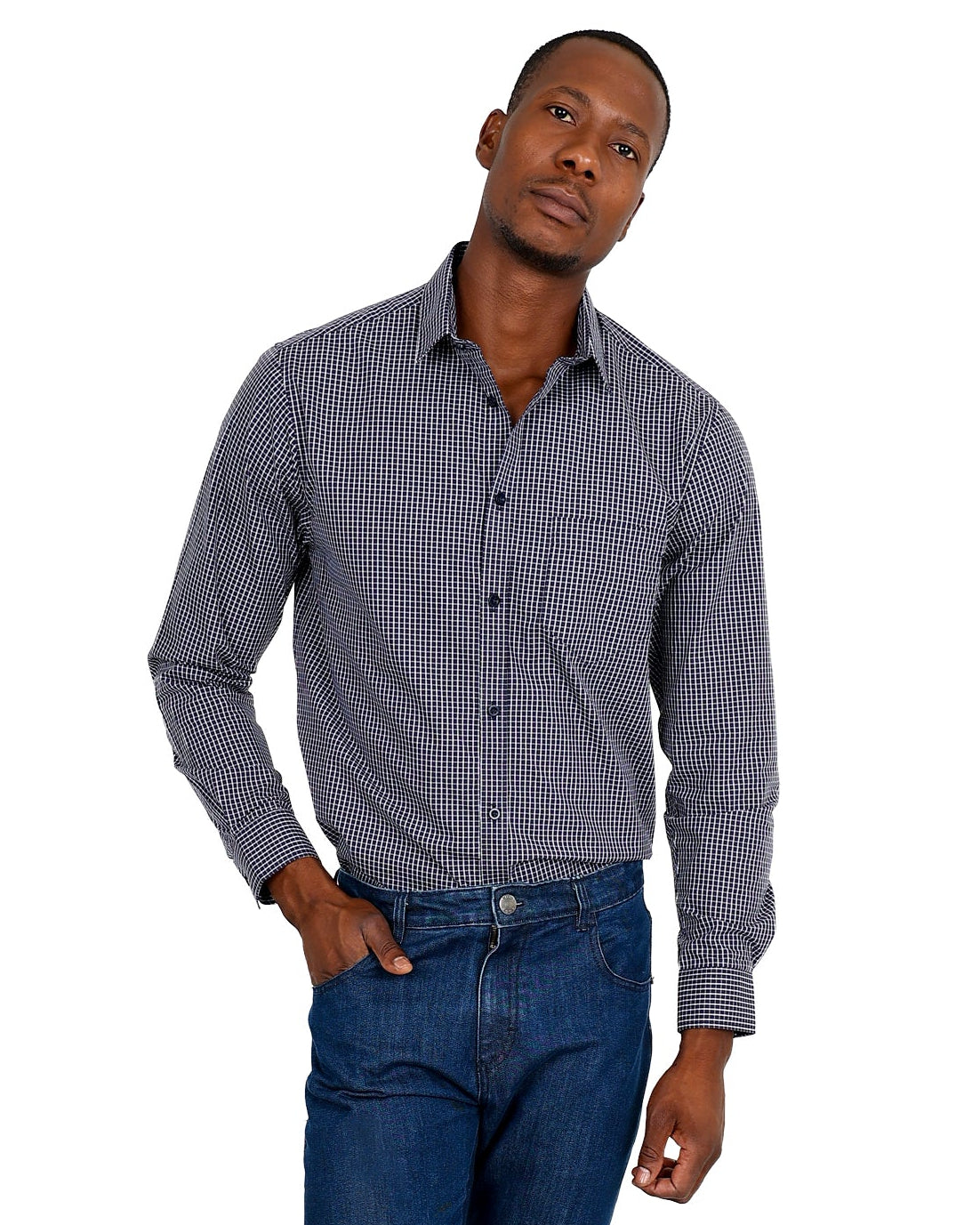 Long Sleeve Navy Check Cotton Rich Casual Shirt