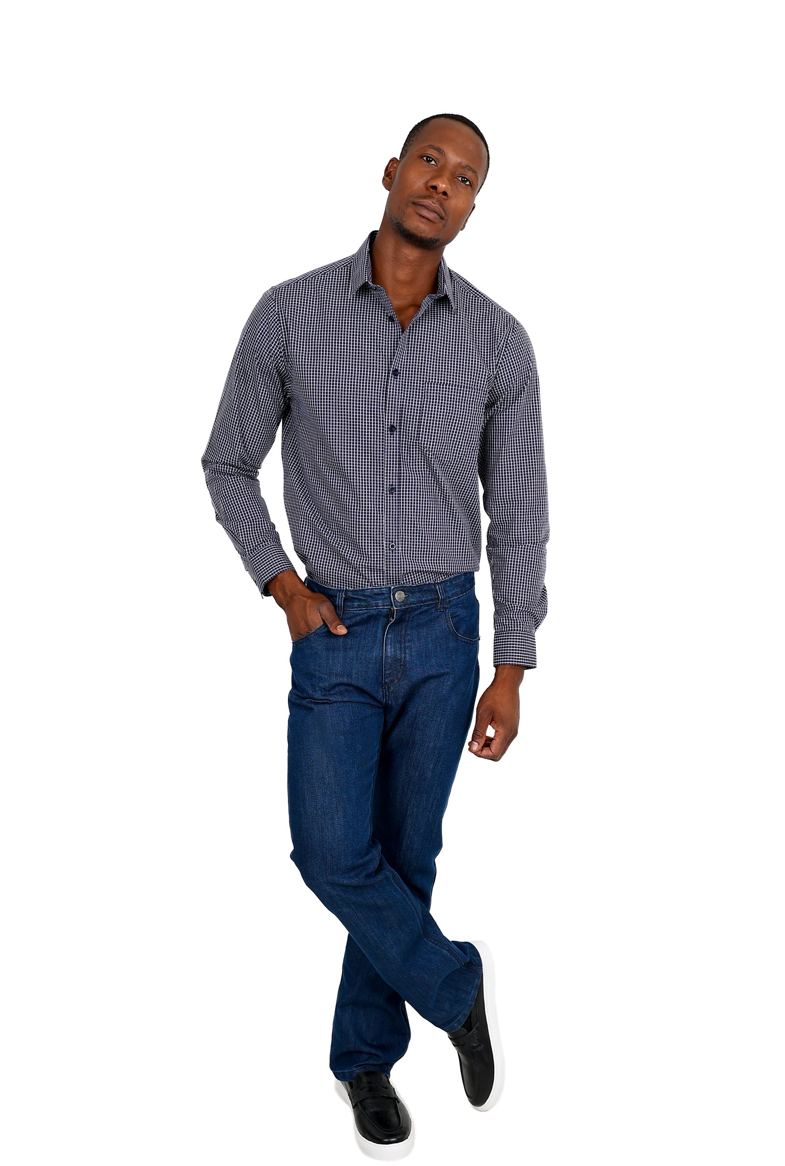 Long Sleeve Navy Check Cotton Rich Casual Shirt