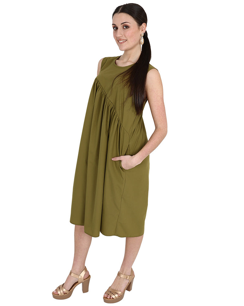 Sleeveless Olive Asymmetrical Detail Dress
