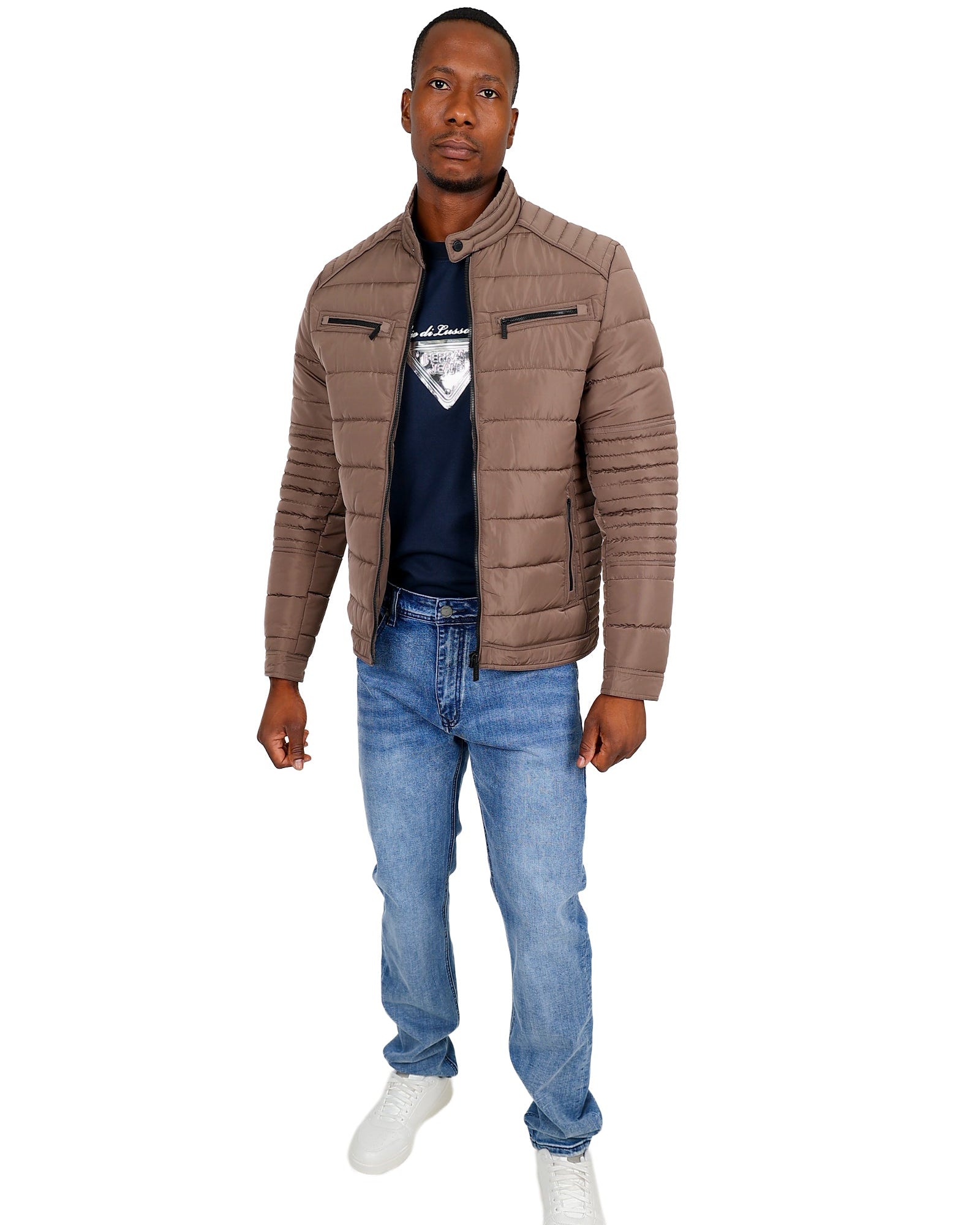 Ferrani Taupe Quilted Biker Style Puffer Jacket