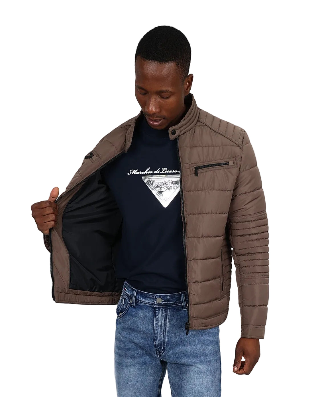 Ferrani Taupe Quilted Biker Style Puffer Jacket