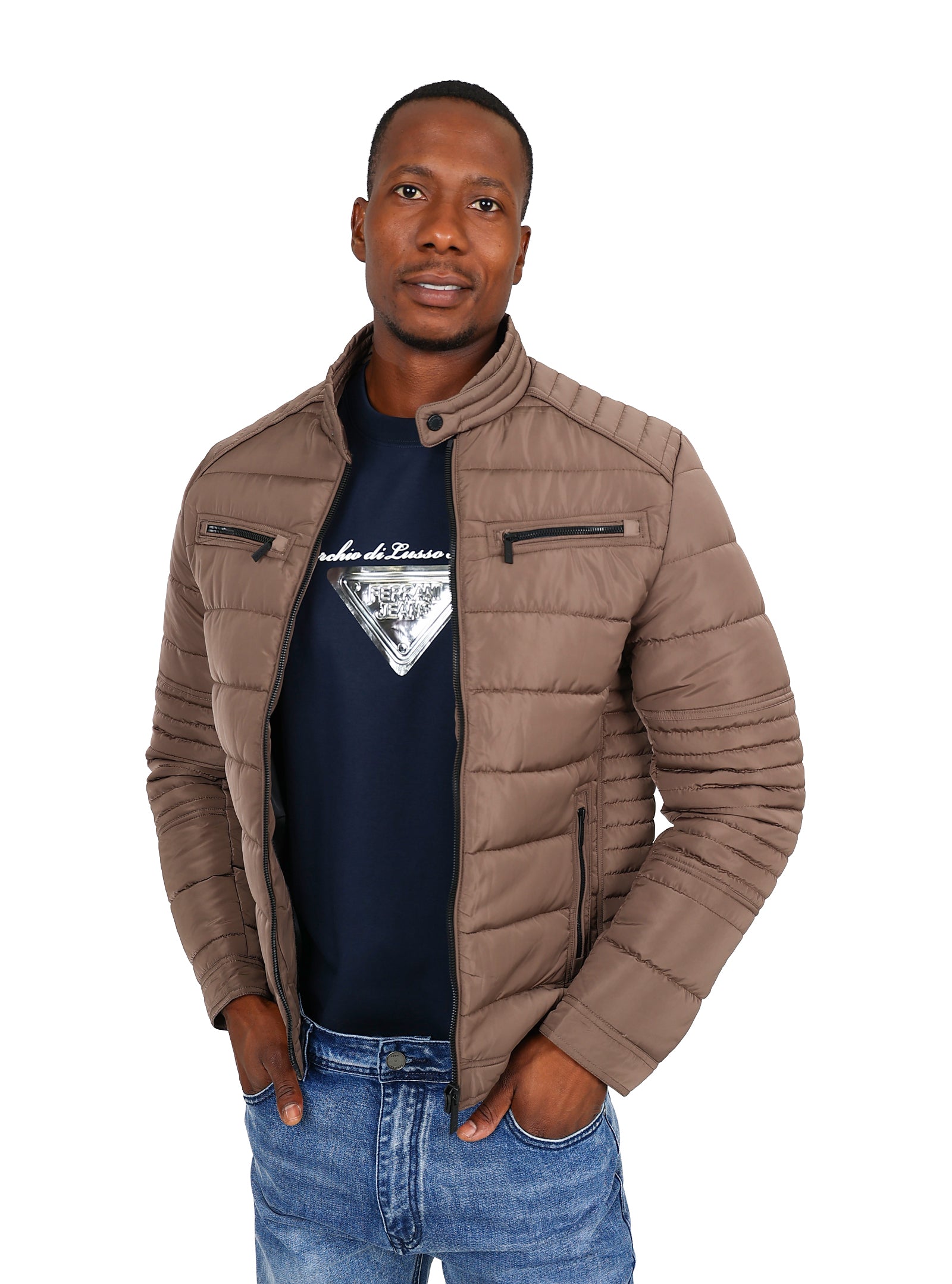 Ferrani Taupe Quilted Biker Style Puffer Jacket