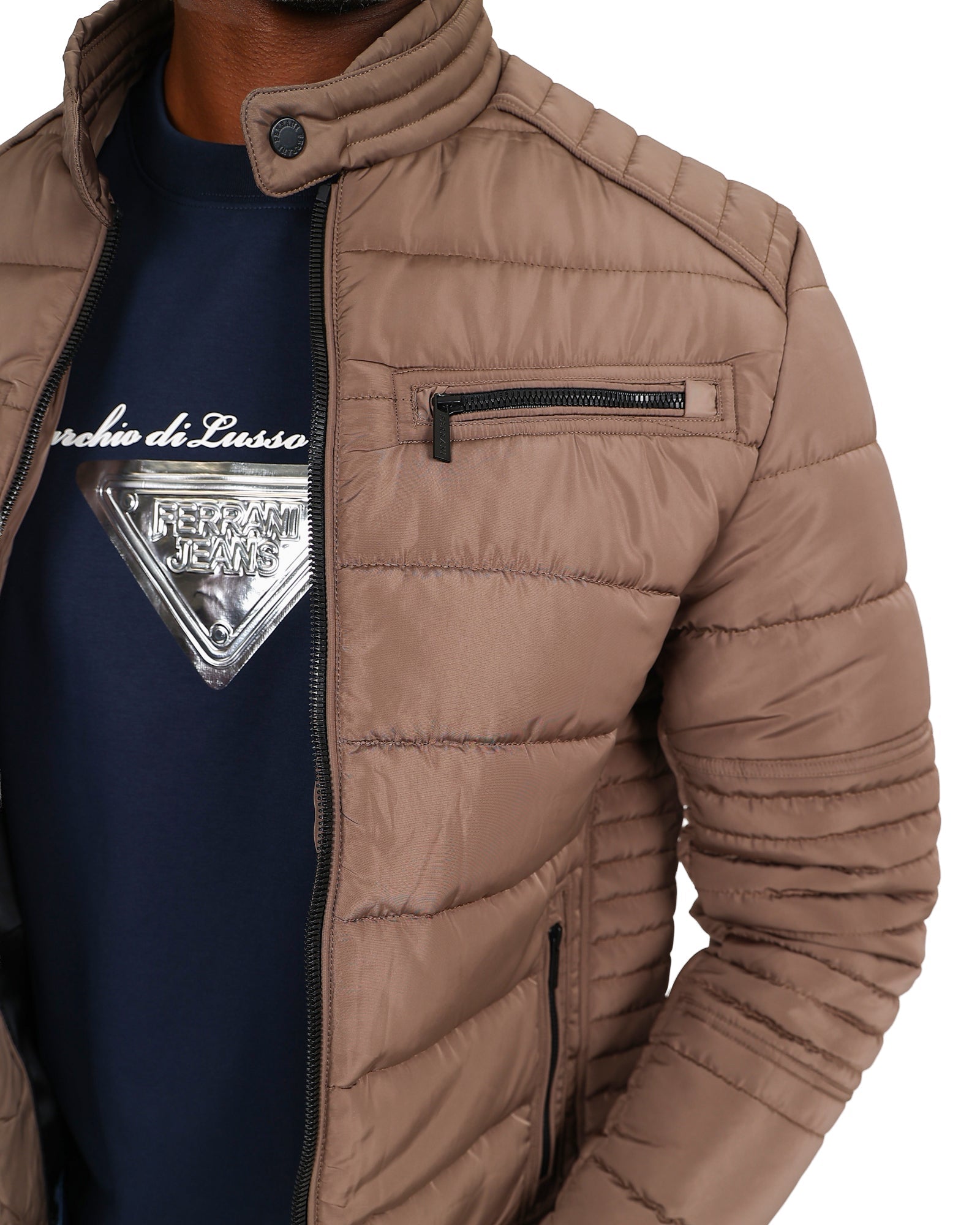 Ferrani Taupe Quilted Biker Style Puffer Jacket