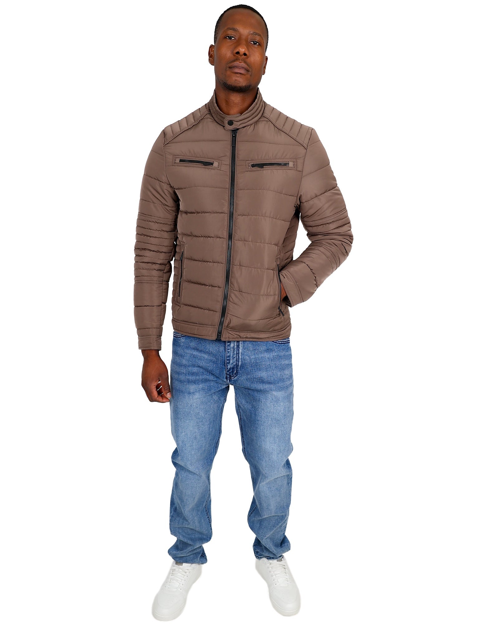 Ferrani Taupe Quilted Biker Style Puffer Jacket