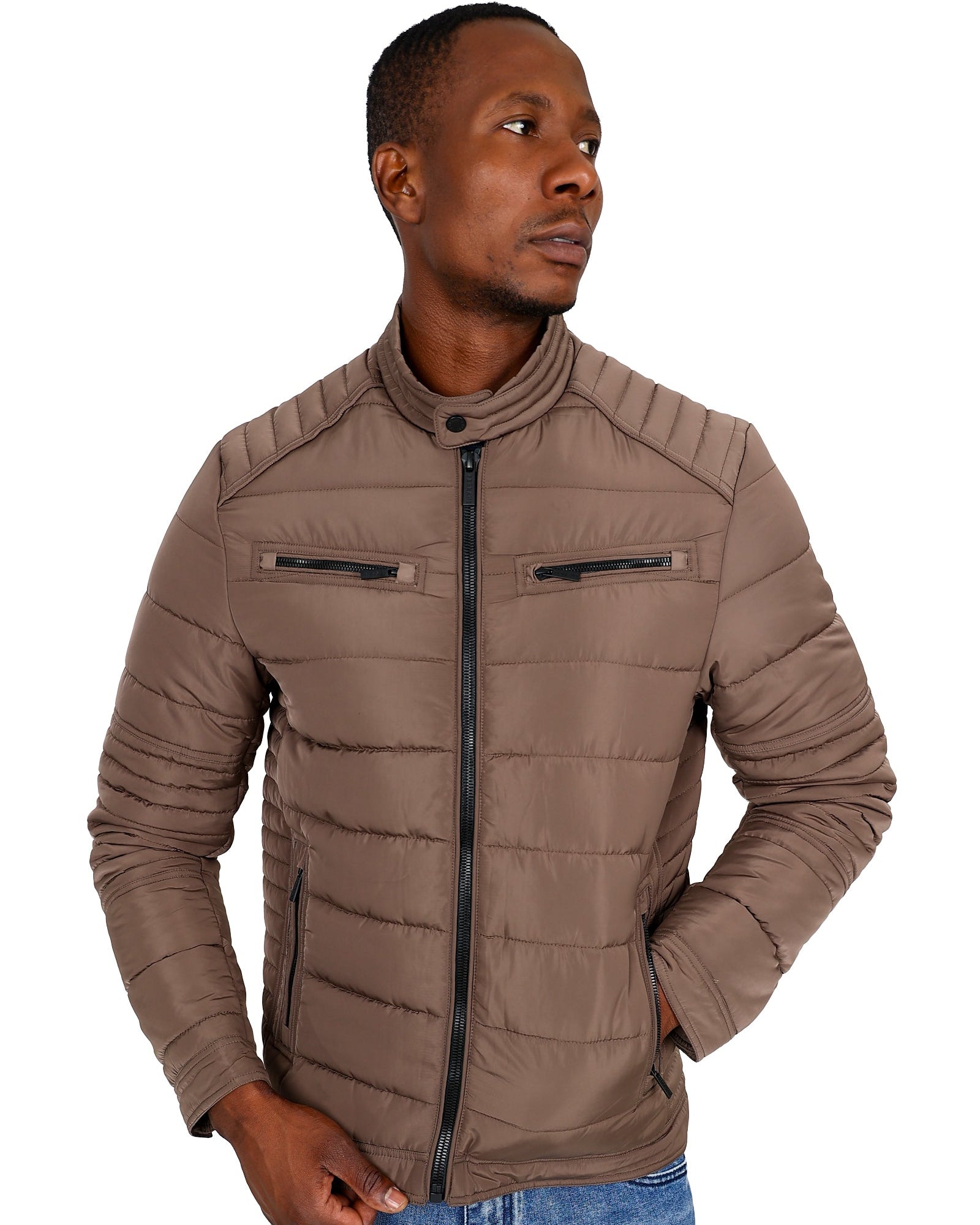 Ferrani Taupe Quilted Biker Style Puffer Jacket