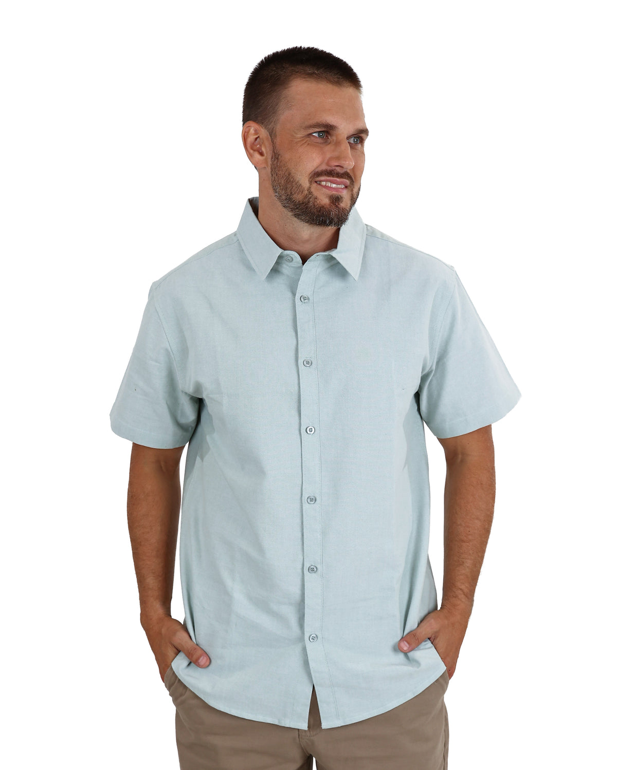 Short Sleeve Mini Oxford Sage Cotton Shirt