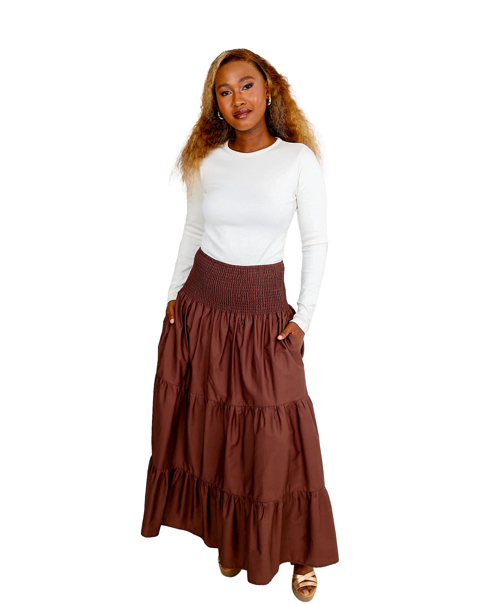 Liora Ruched Waist Tiered Maxi Skirt