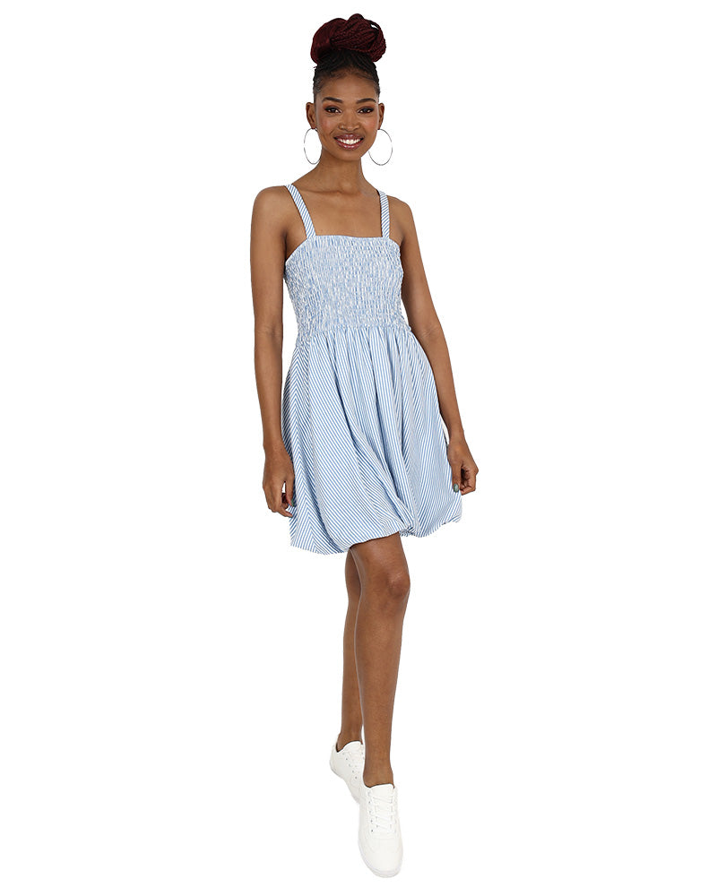 Strappy Blue Seersucker Mini Bubble Dress