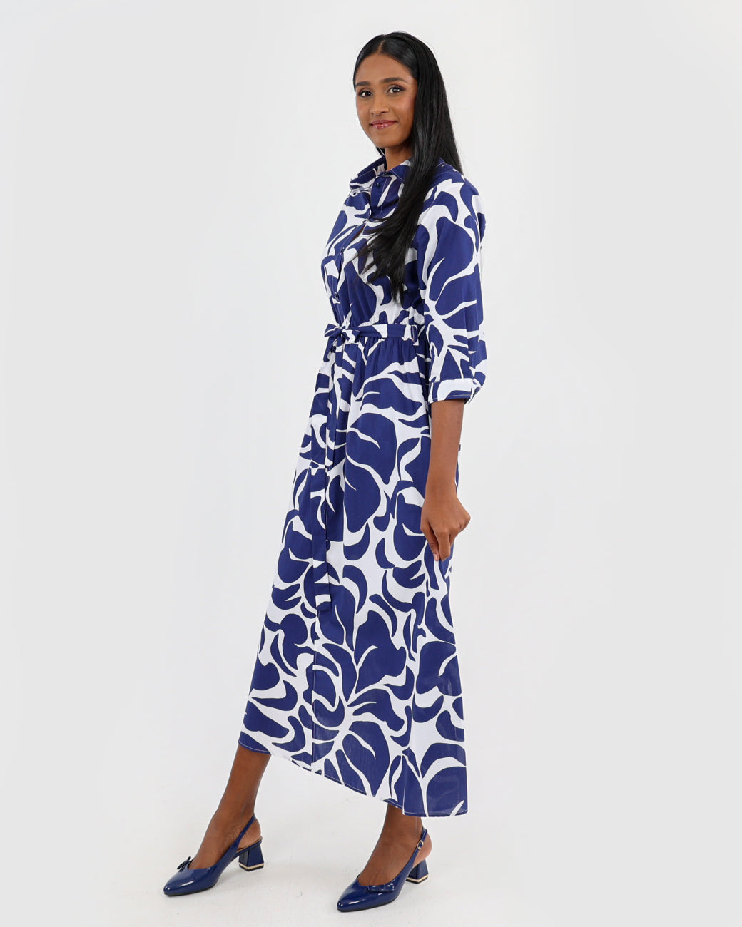 3/4 Sleeve Navy Print Cotton Dress
