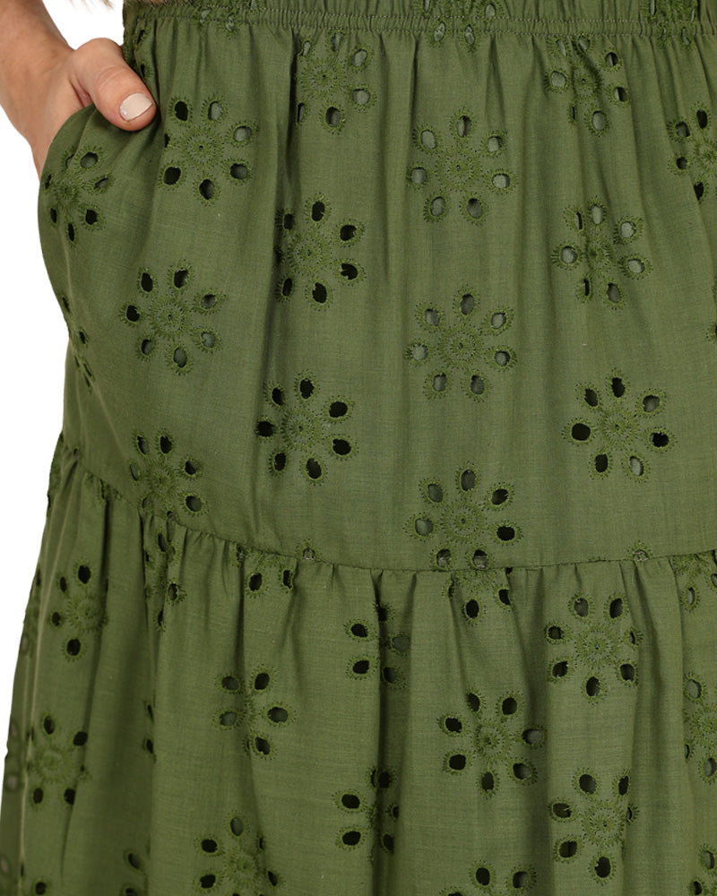 Olive Tiered Angaise Maxi Skirt
