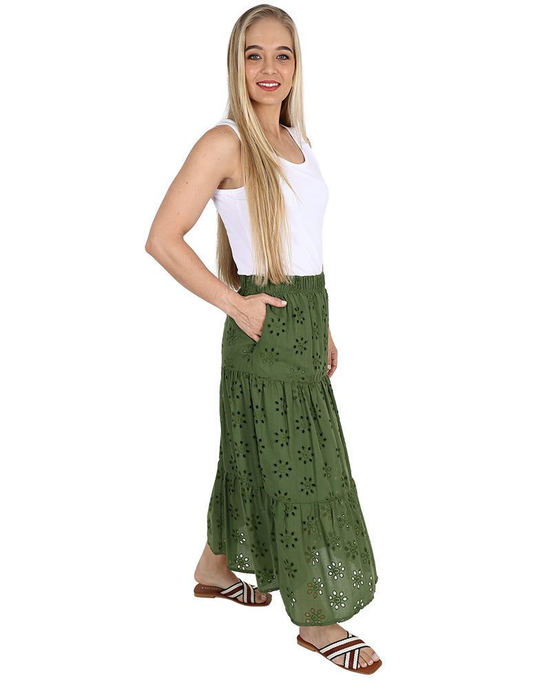 Olive Tiered Angaise Maxi Skirt