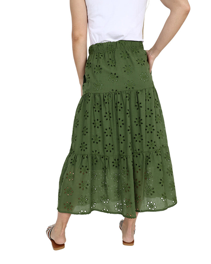 Olive Tiered Angaise Maxi Skirt