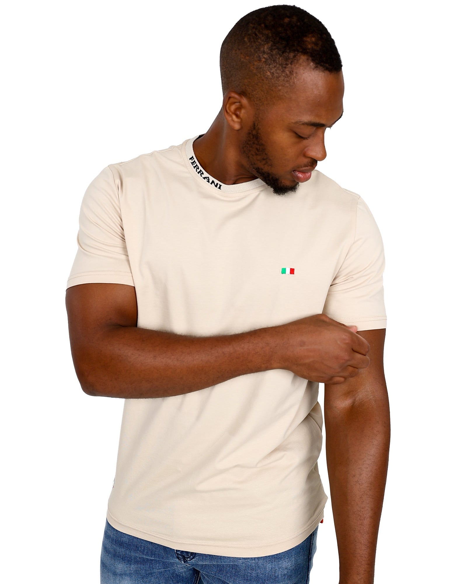 Ferrani Short Sleeve Jacquard Neck Design Cream T-Shirt