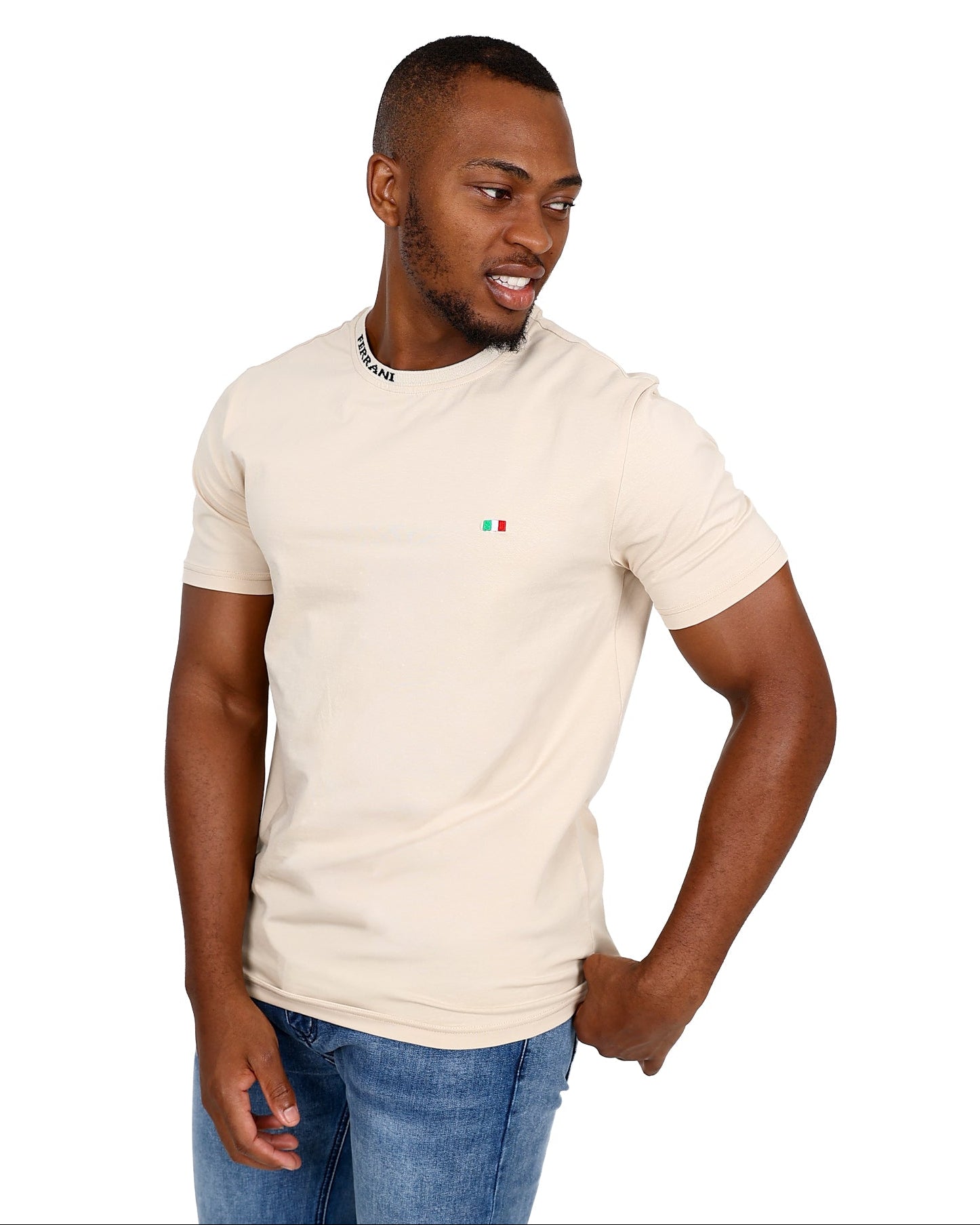Ferrani Short Sleeve Jacquard Neck Design Cream T-Shirt