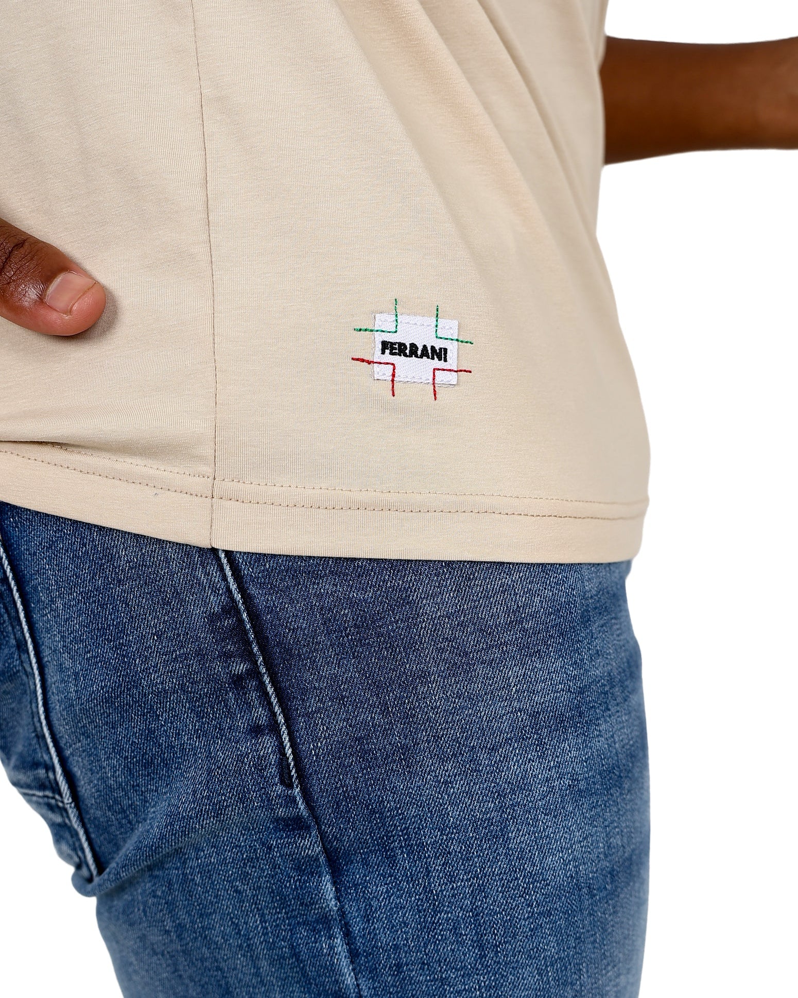 Ferrani Short Sleeve Jacquard Neck Design Cream T-Shirt