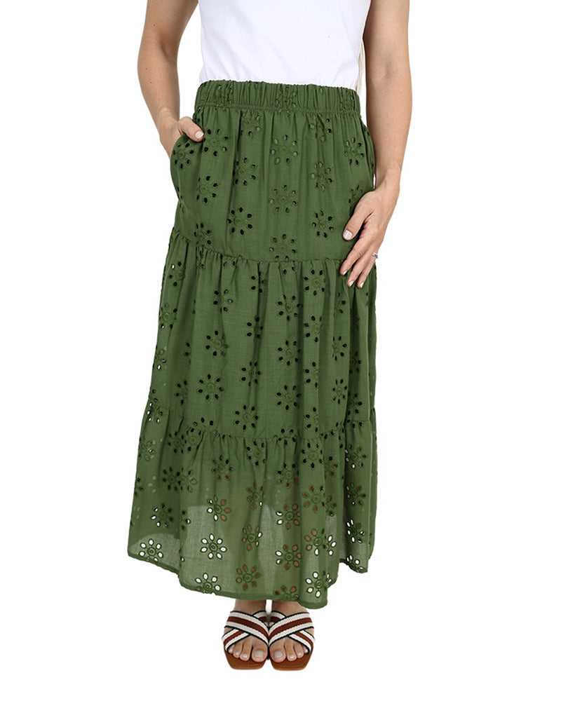 Olive Tiered Angaise Maxi Skirt