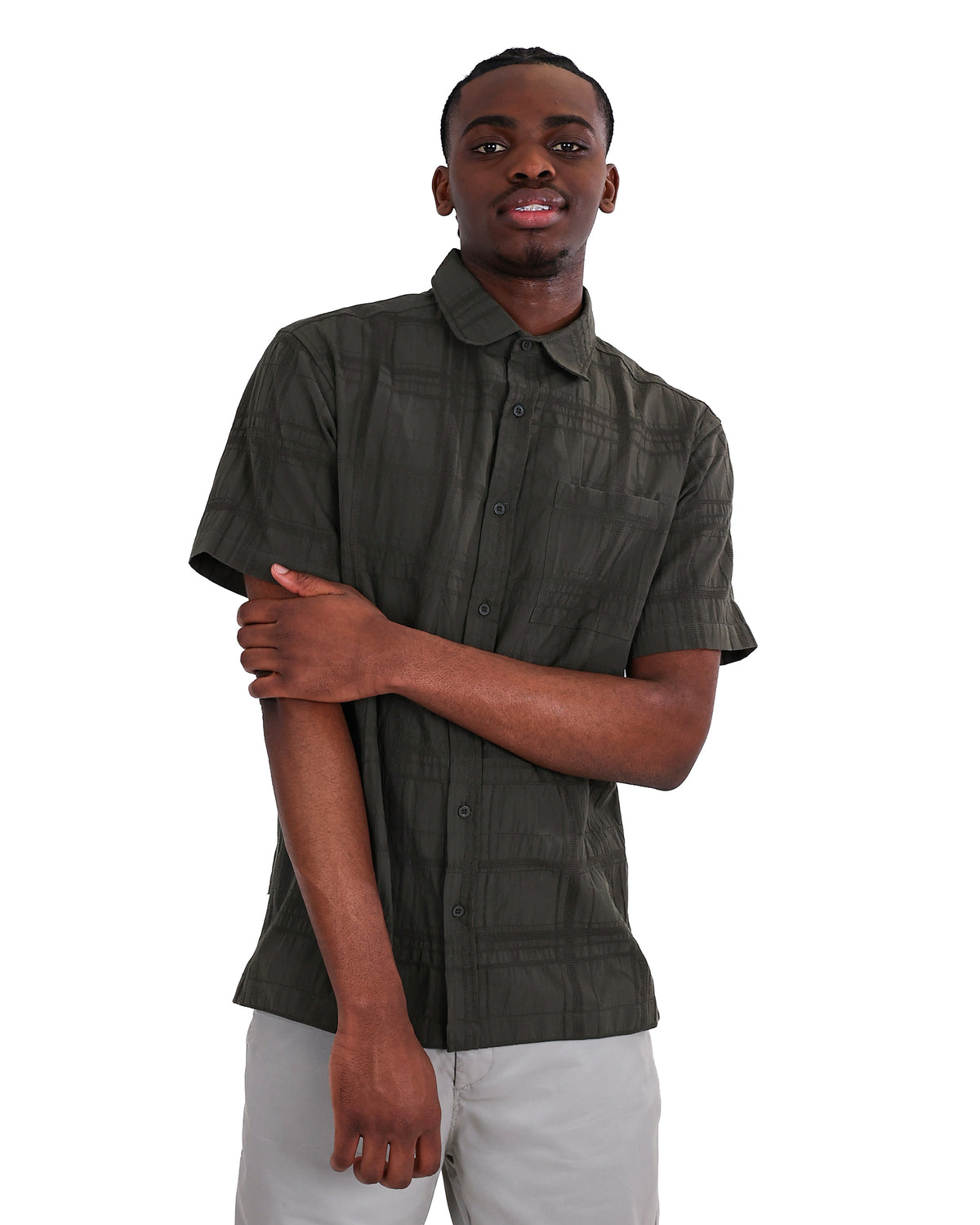 Short Sleeve Olive Check Embroidered Cotton Shirt