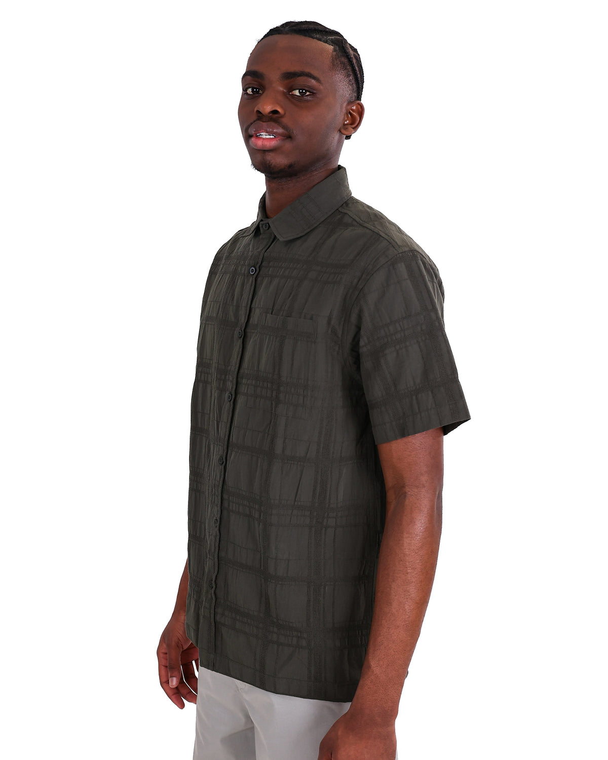 Short Sleeve Olive Check Embroidered Cotton Shirt