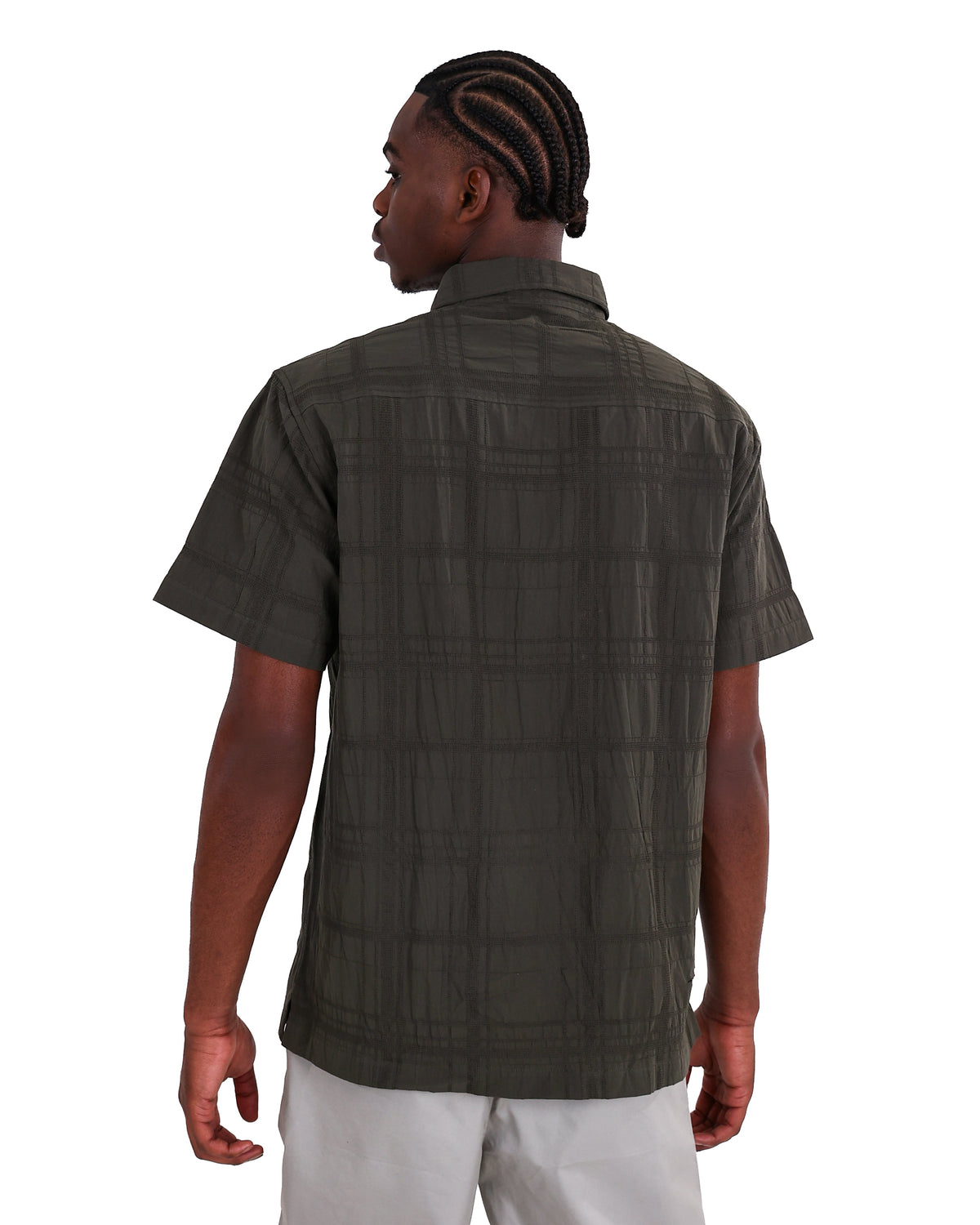 Short Sleeve Olive Check Embroidered Cotton Shirt