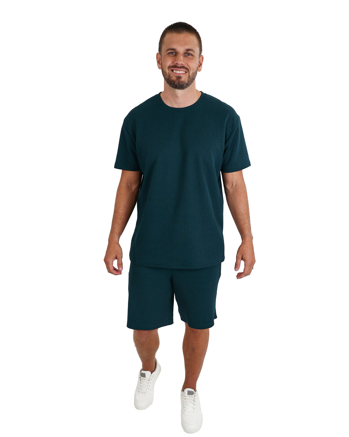 Short Sleeve Bottle Green Textured T-Shirt