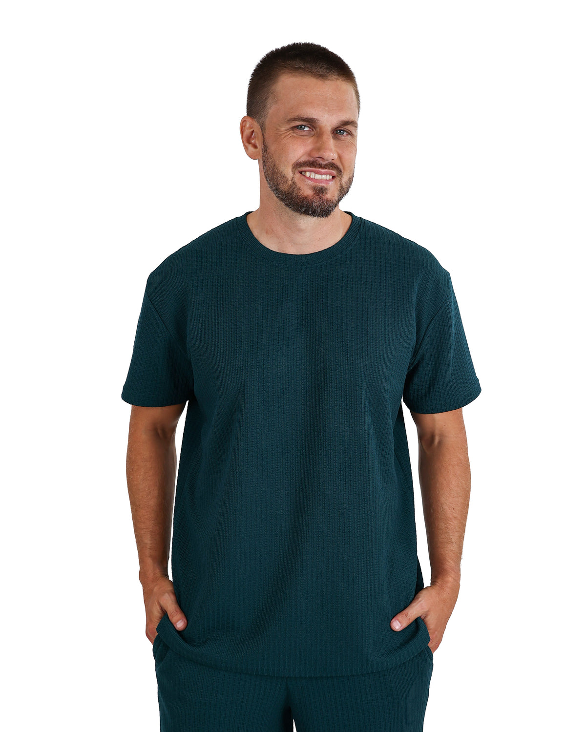 Short Sleeve Bottle Green Textured T-Shirt