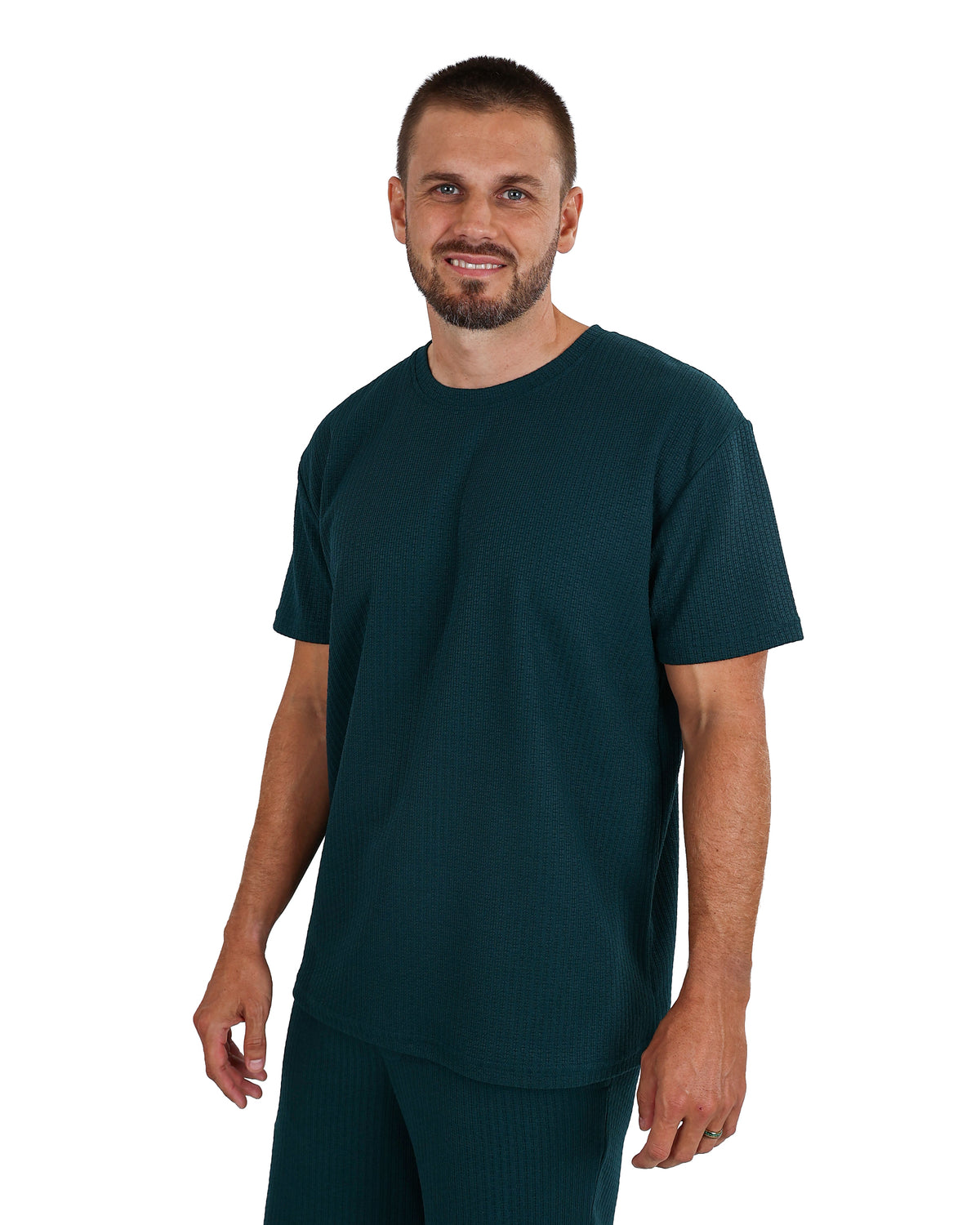 Short Sleeve Bottle Green Textured T-Shirt