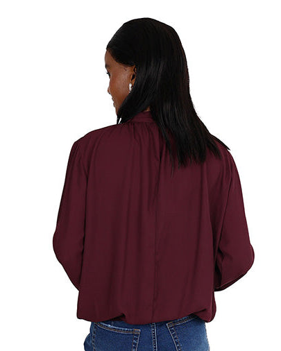 Long Sleeve Burgandy Choker Neck Cruise Blouse