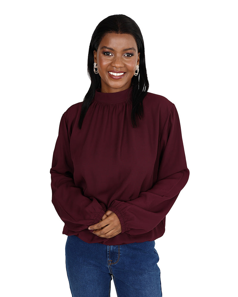 Long Sleeve Burgandy Choker Neck Cruise Blouse