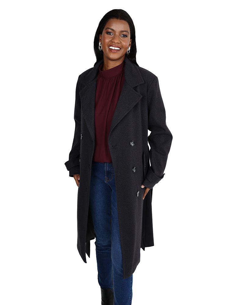 Dark Grey Belted Melton Trench Coat