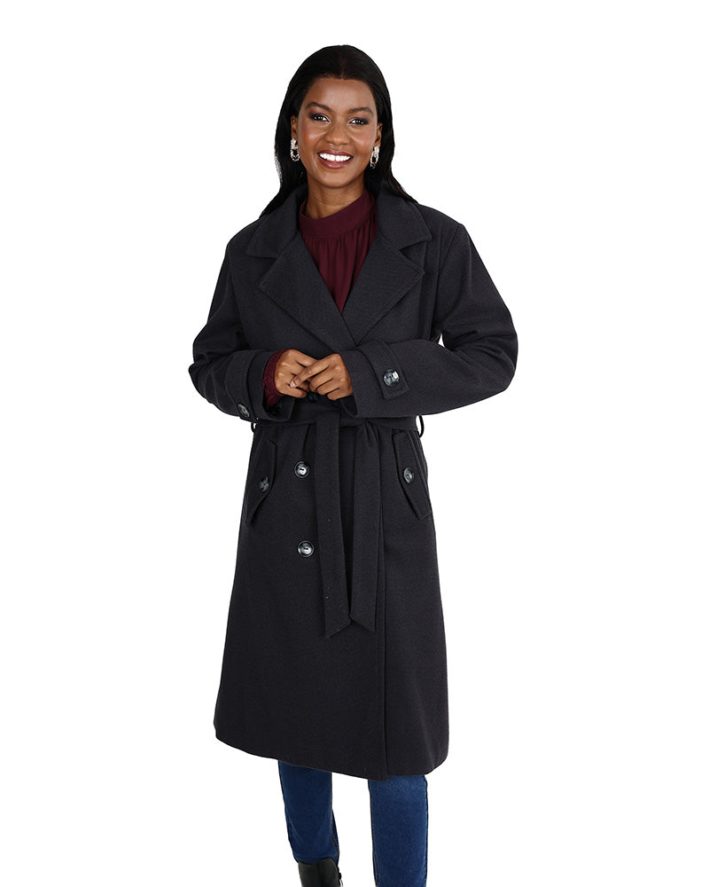 Dark Grey Belted Melton Trench Coat