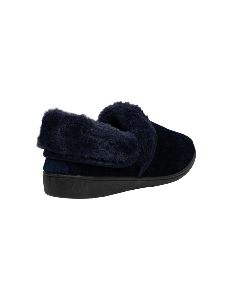 Navy Embossed Fur Collar Mama Slipper