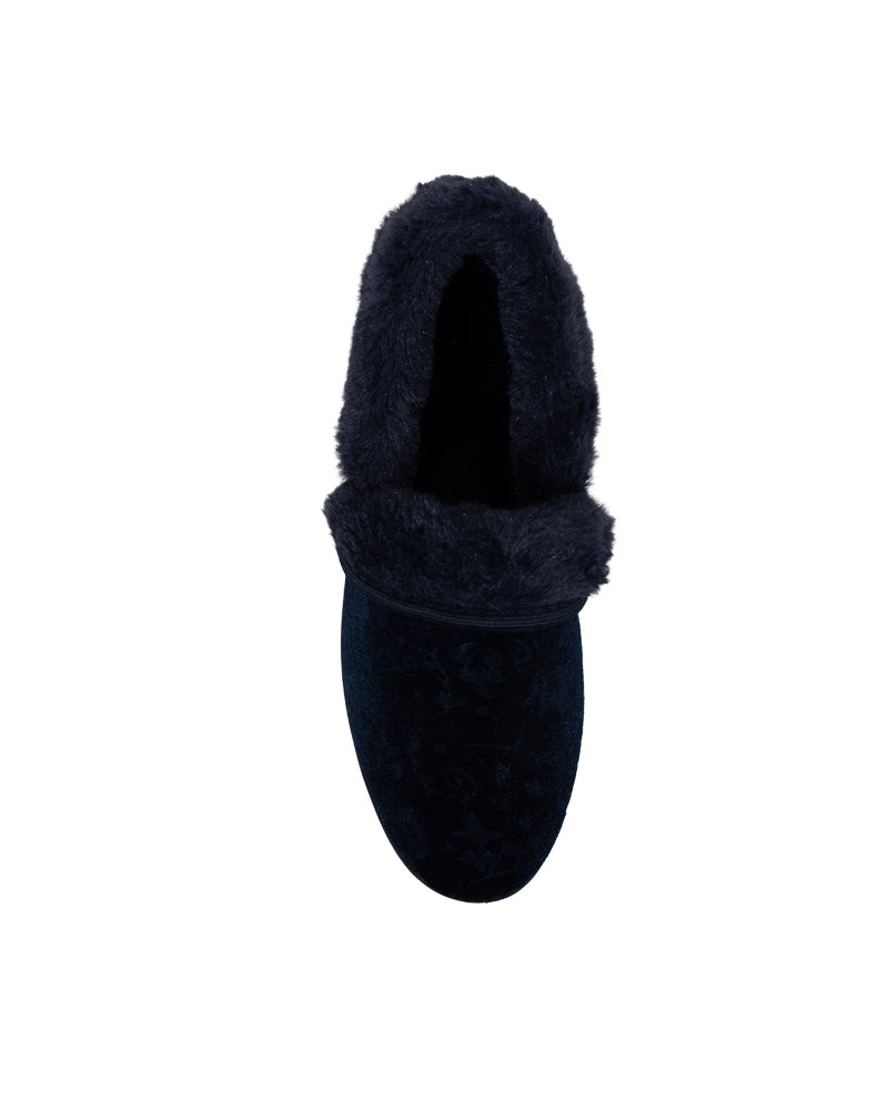 Navy Embossed Fur Collar Mama Slipper