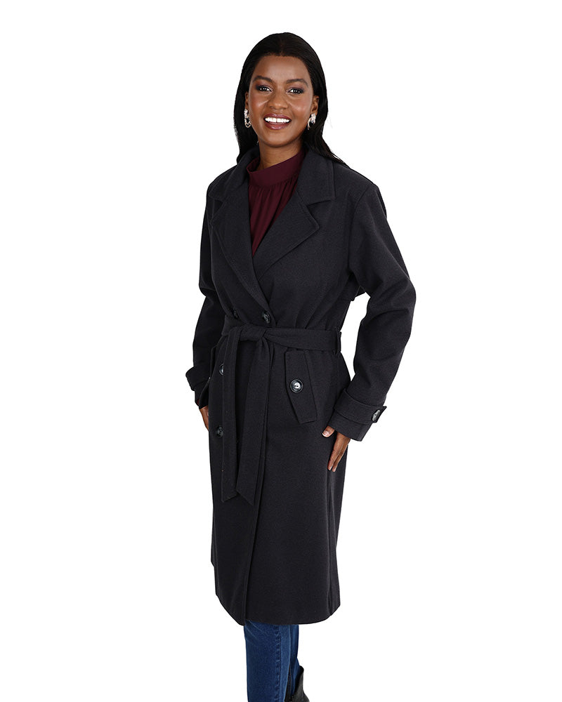 Dark Grey Belted Melton Trench Coat