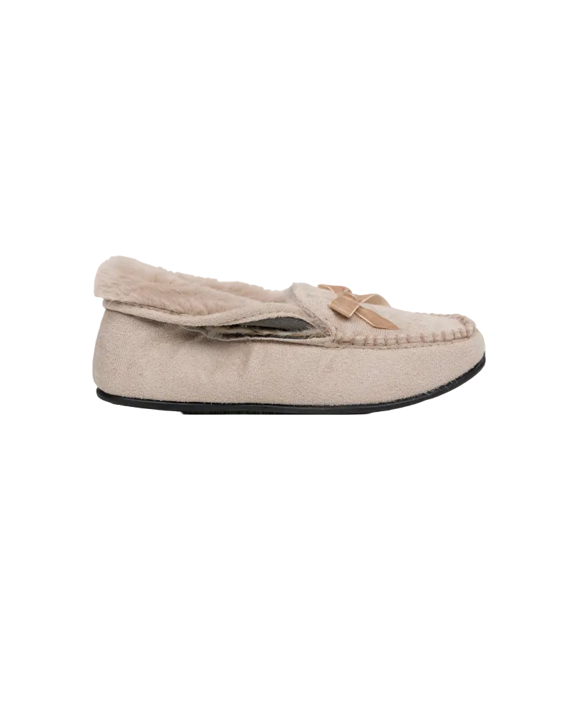 Bow Detail Fur Collar Moccasin Slippers