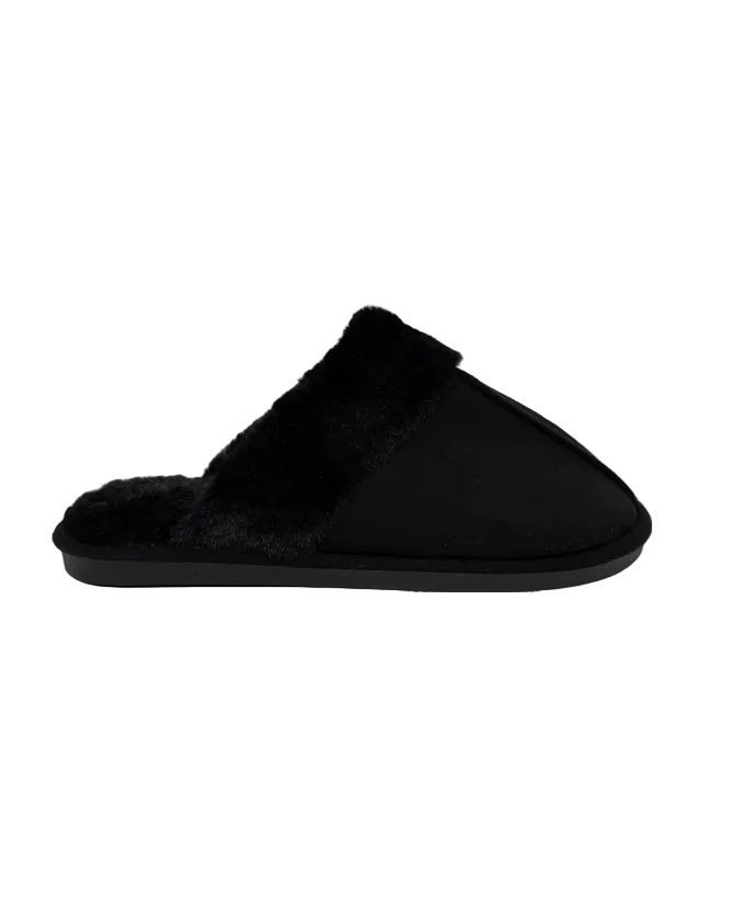 Black Fur Collar Suede Look Slip-On Slippers