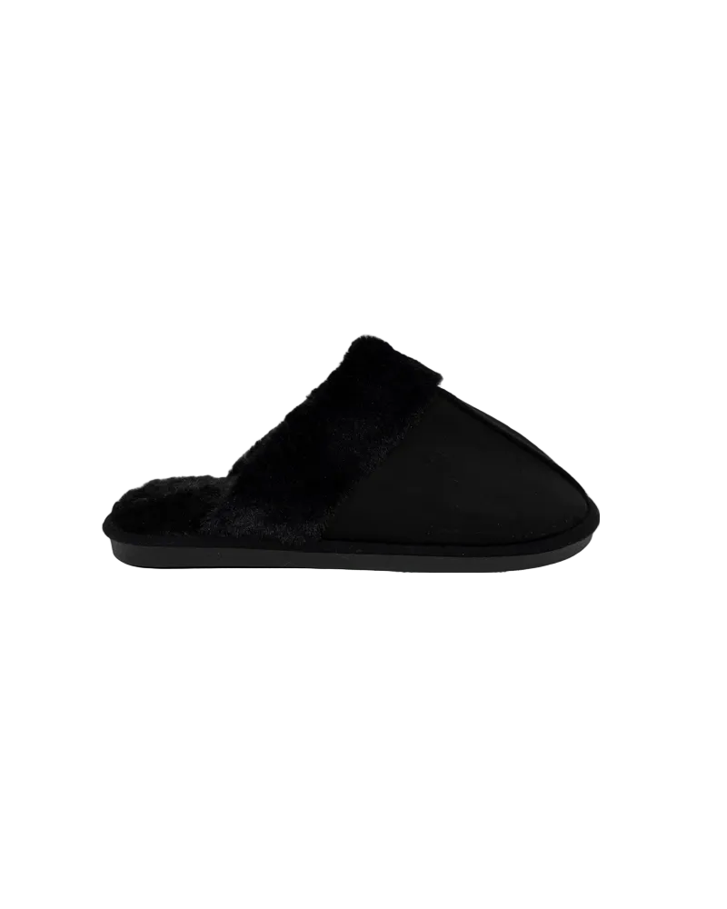 Black Fur Collar Suede Look Slip-On Slippers