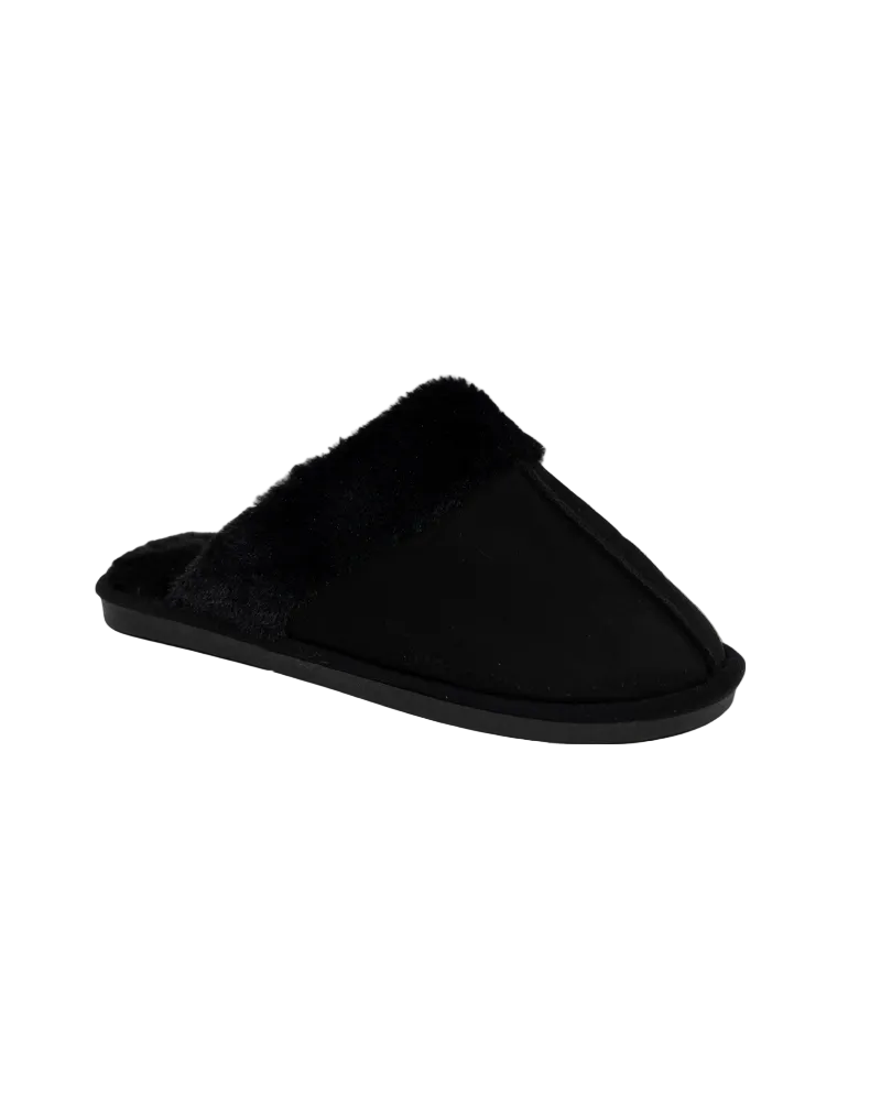 Black Fur Collar Suede Look Slip-On Slippers