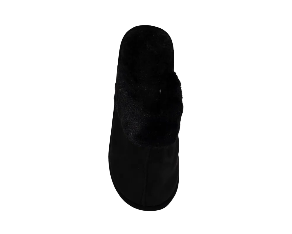 Black Fur Collar Suede Look Slip-On Slippers
