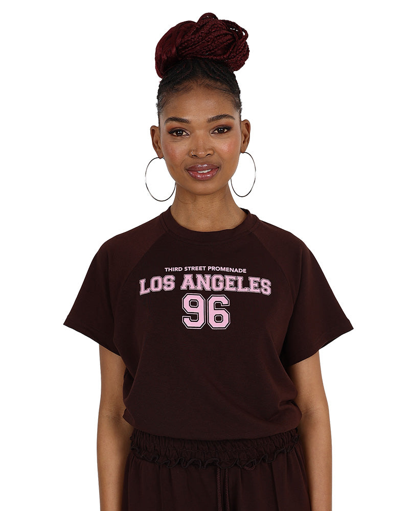 Short Sleeve Cropped Brown Los Angeles Graphic T-Shirt